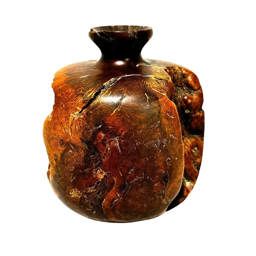 Raw edge burl wood bud vase shapely round natural organic mid century design